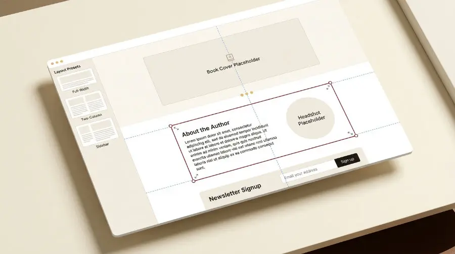 Author website template with page builder layout showing book showcase and navigation