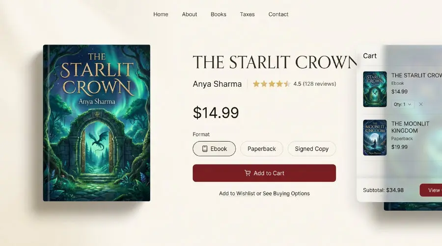Author book product page with format selector, star ratings, and slide-out cart