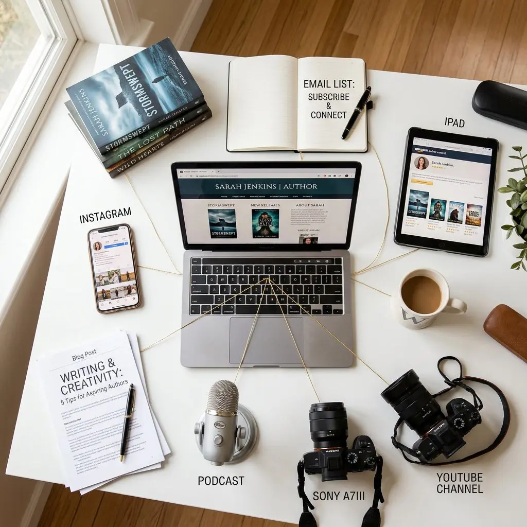 Website at the center connecting Instagram, Amazon, email, blog, and podcast channels