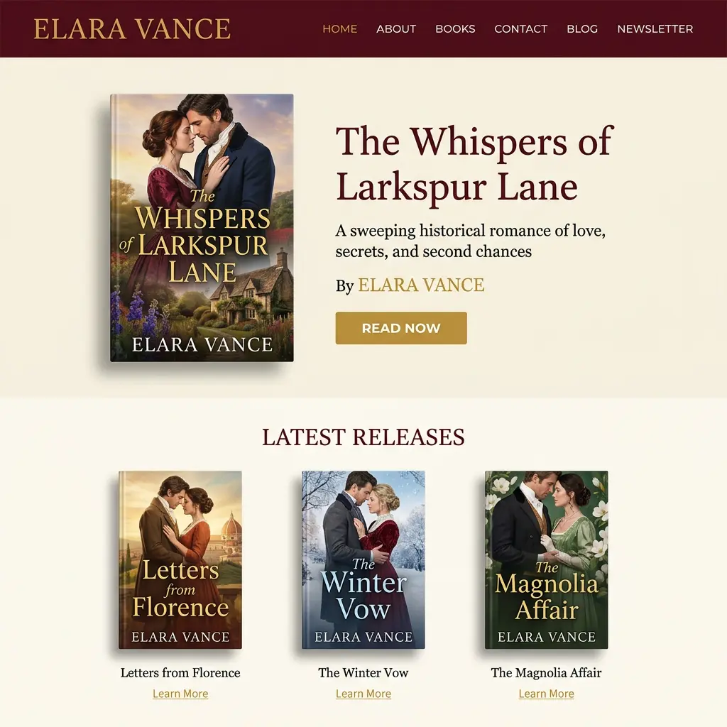Custom author website design example — elegant homepage with book cover, warm color palette, and modern navigation