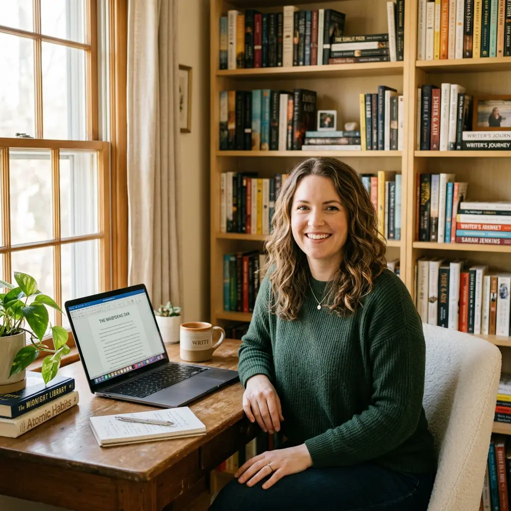 Happy indie author working at a cozy home office desk with bookshelves and warm lighting