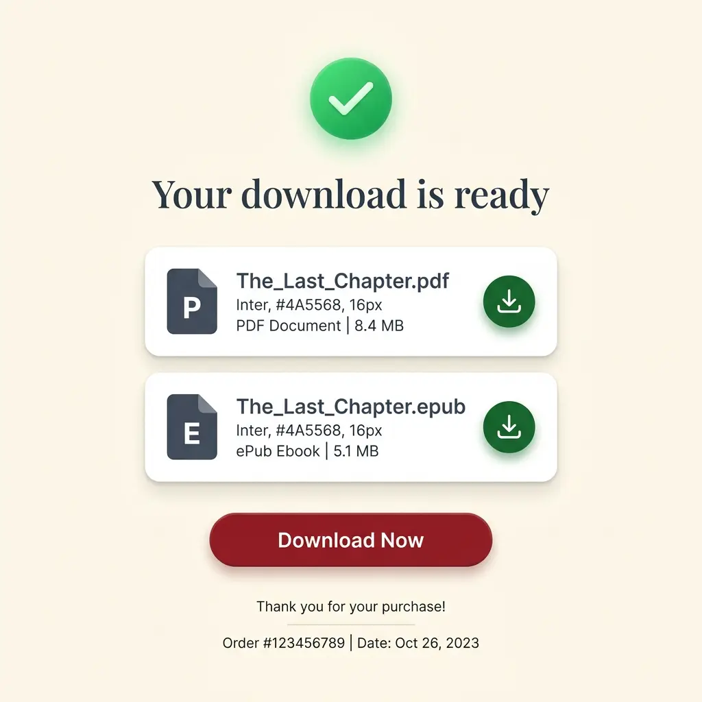 Download confirmation screen showing files ready for instant download with PDF and EPUB format options