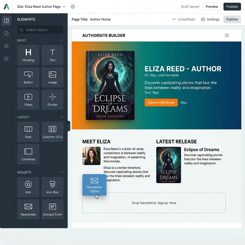 Drag-and-drop page builder with element sidebar, content blocks, and newsletter signup form being assembled