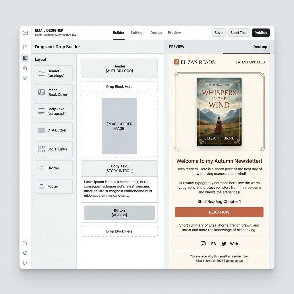 Email designer showing drag-and-drop email template builder with newsletter preview