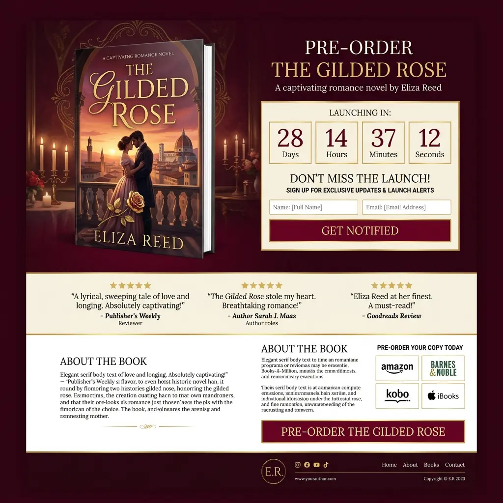 Book launch landing page with countdown timer, pre-order form, and cover reveal