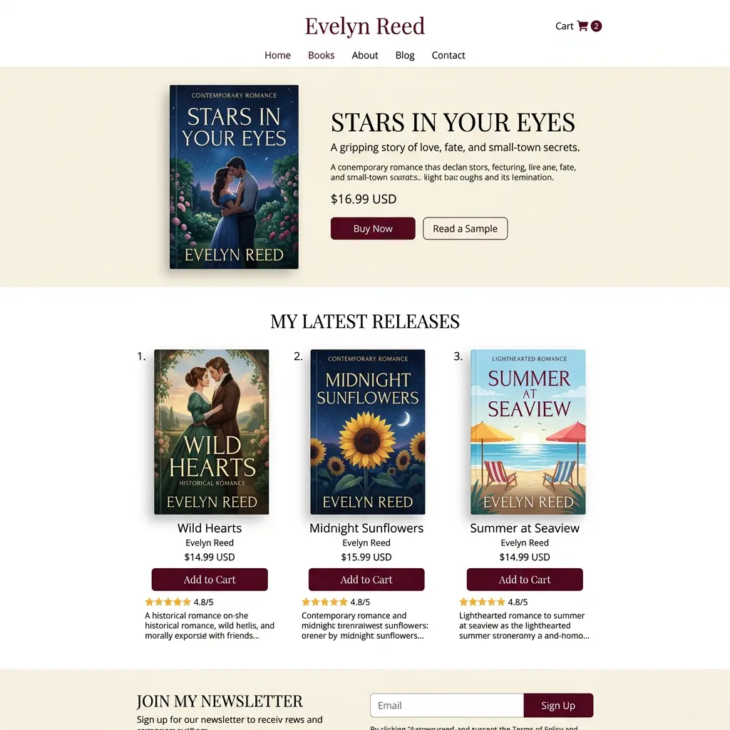Custom book store website with book covers, pricing, and Add to Cart buttons