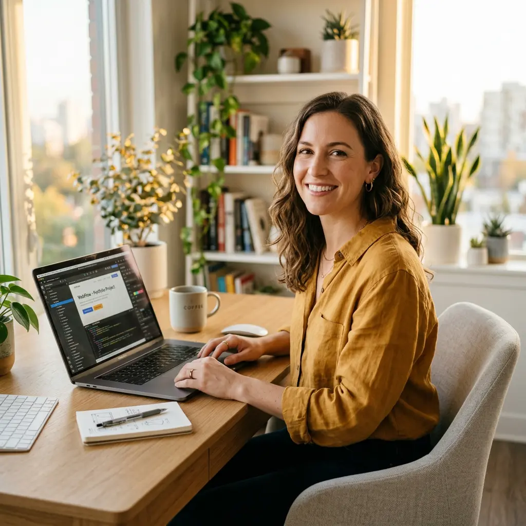 Friendly support specialist at a modern desk with a laptop, ready to help authors with their hosting needs
