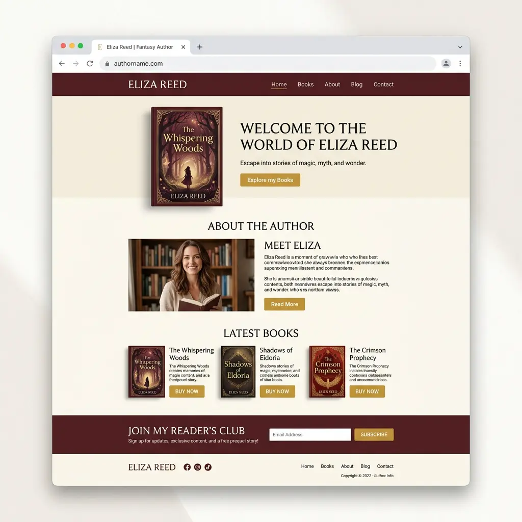 Browser window showing a beautiful indie author website with book hero, author section, book grid, and newsletter signup