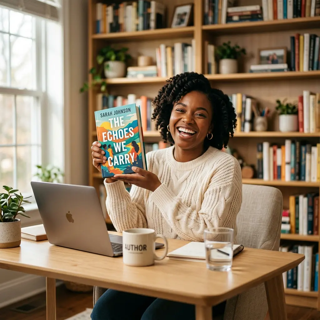 Happy author celebrating her book launch — holding a newly published book with a big smile