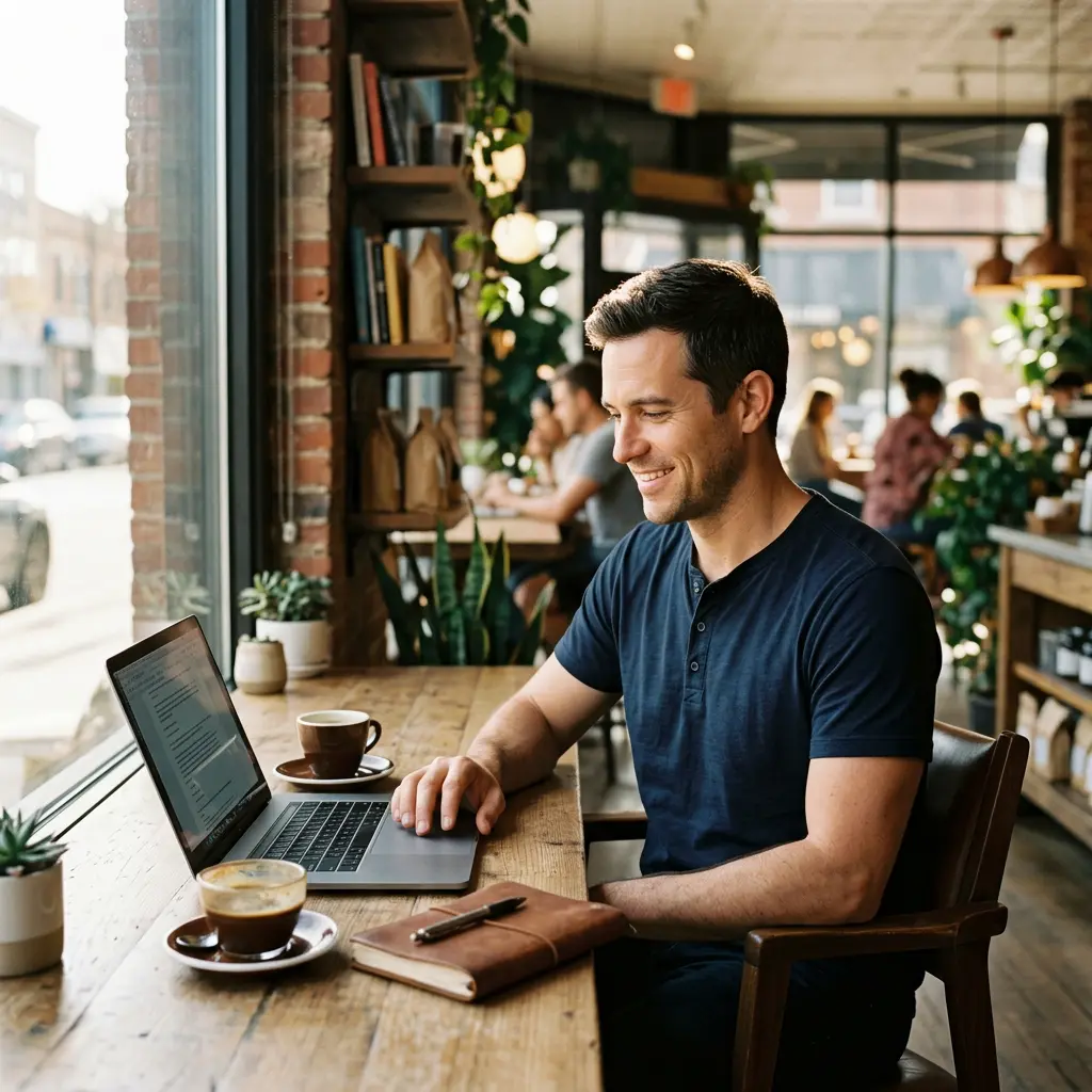 Relaxed author working on laptop in a bright coffee shop — confident his website is running smoothly