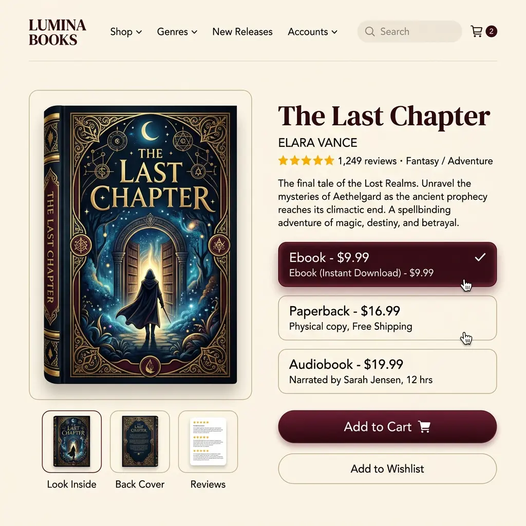 Book store product page showing multiple format options — ebook, paperback, and audiobook — with individual pricing and add to cart button