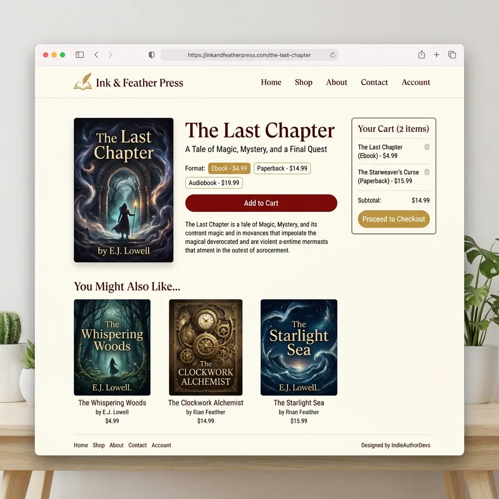 A completed indie author online book store showing product pages, shopping cart, and checkout — fully designed and ready to sell
