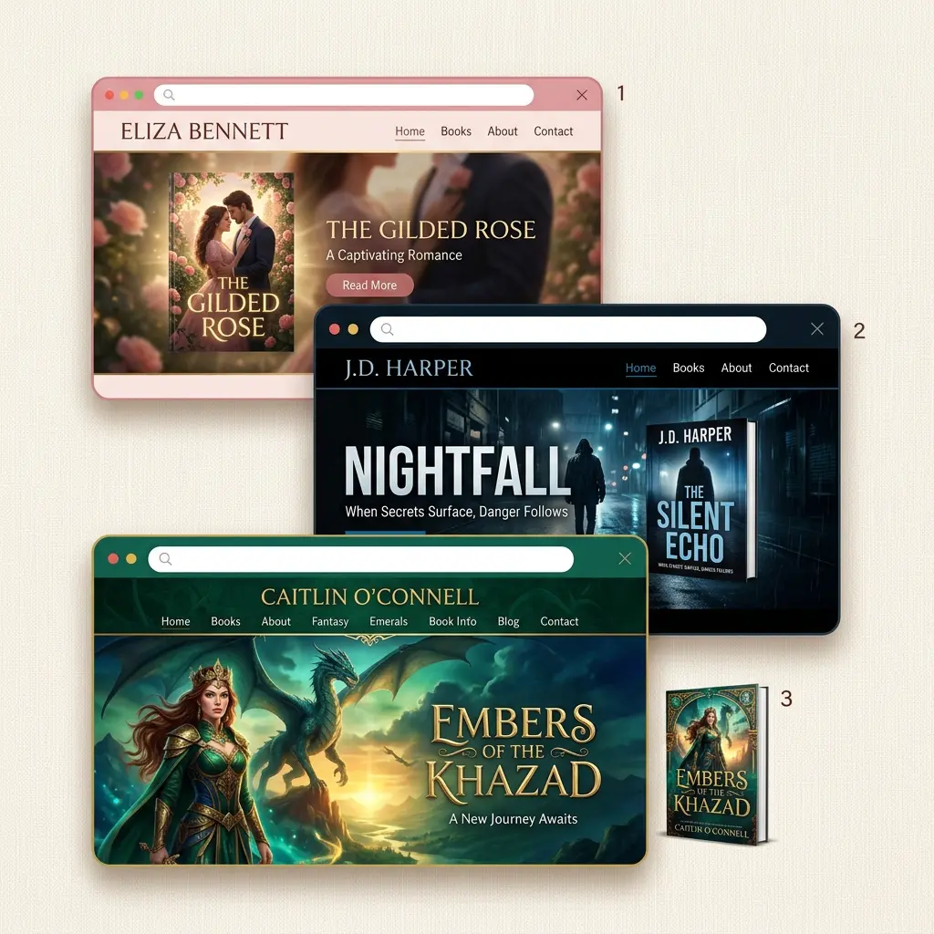 Collage of custom author website designs showing various genres and styles