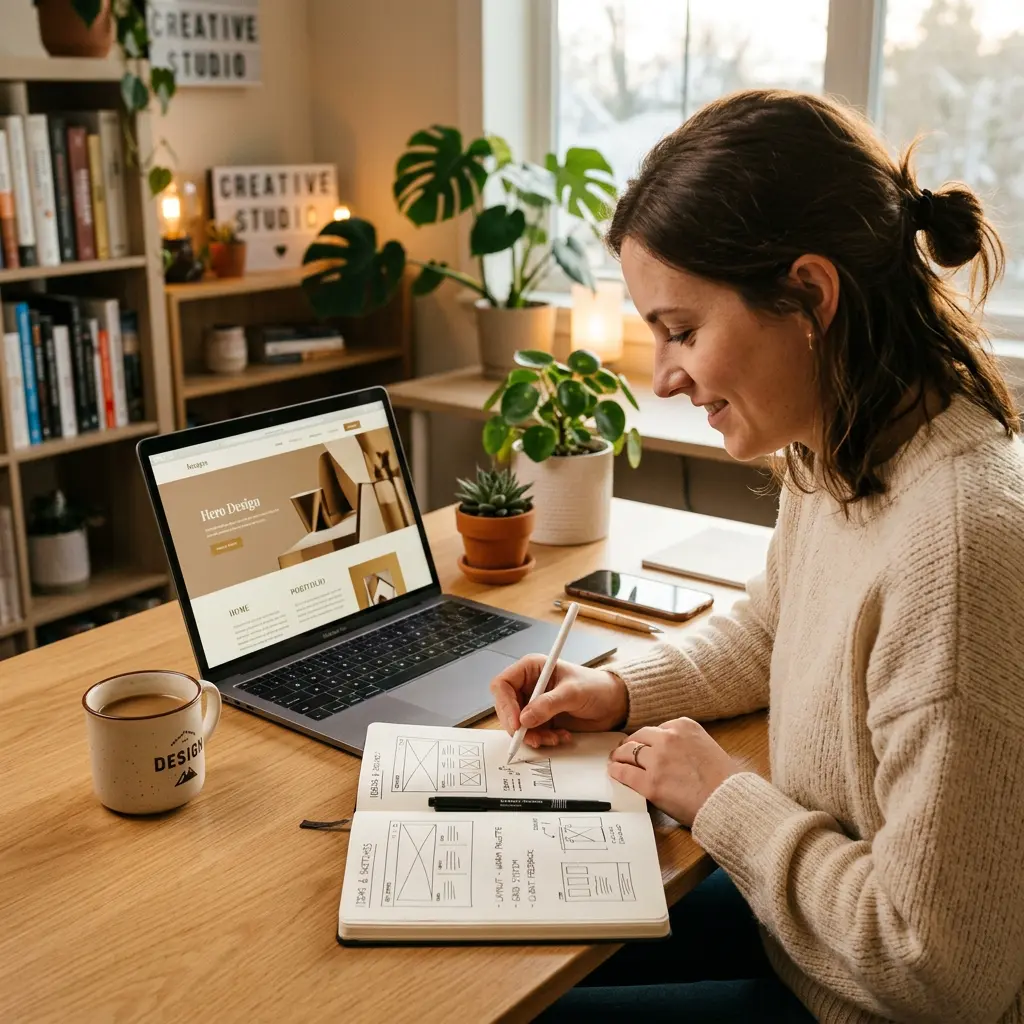 Designer working at a modern desk with a website design visible on laptop — warm, collaborative workspace