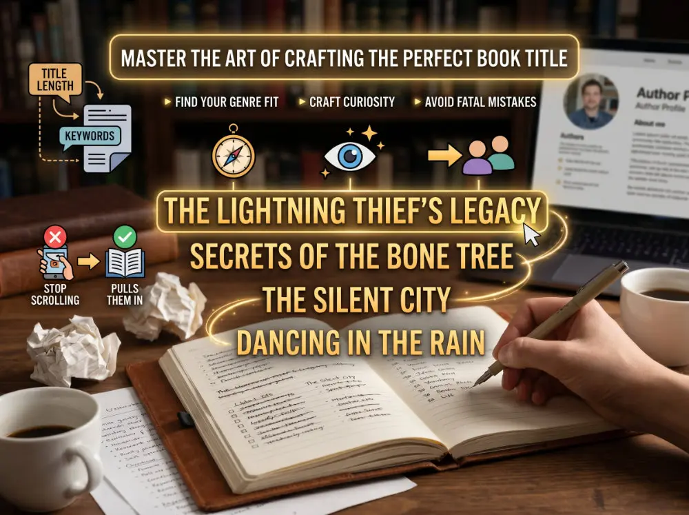 Creative workspace with notebook showing crossed-out and circled potential book titles with books scattered nearby