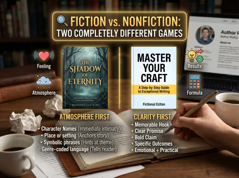 Visual comparison showing fiction book titles focused on atmosphere versus nonfiction titles focused on clarity and results