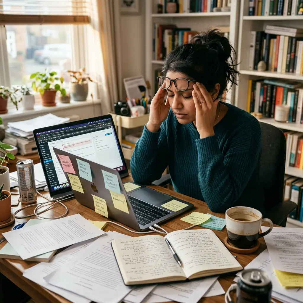 Frustrated indie author overwhelmed by technology — sitting at a cluttered desk with multiple browser tabs open, looking stressed