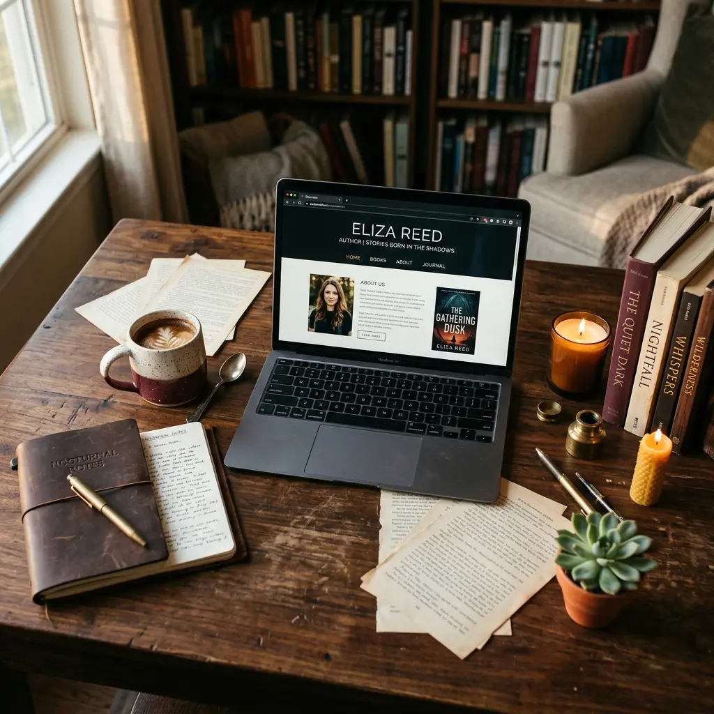 Author workspace with laptop showing a professional author website