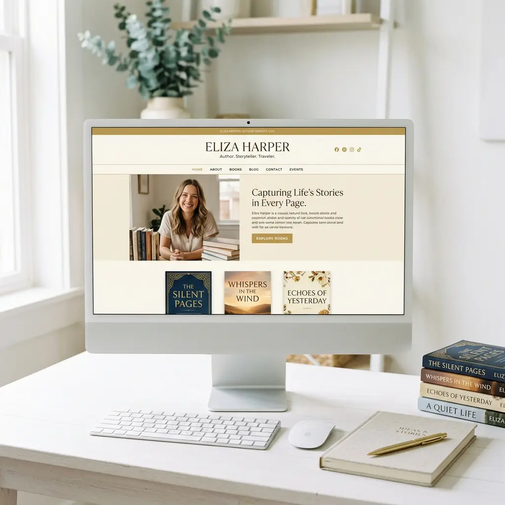 Professional author website displayed on a modern desktop computer