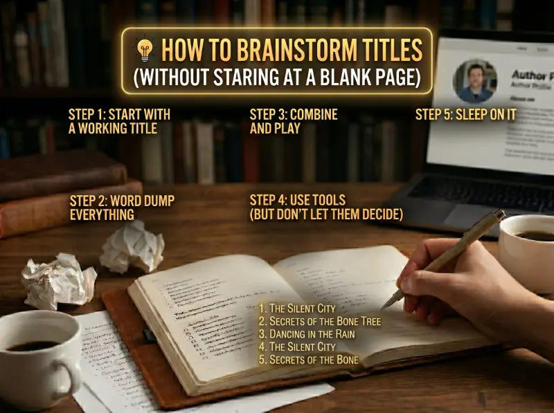 Sticky notes and mind maps showing the book title brainstorming process with words connecting and combining