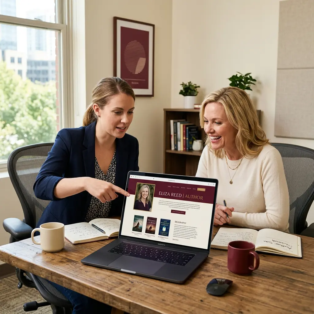 MIAS designer working collaboratively with an author client, reviewing a custom website design on a laptop in a warm, modern office