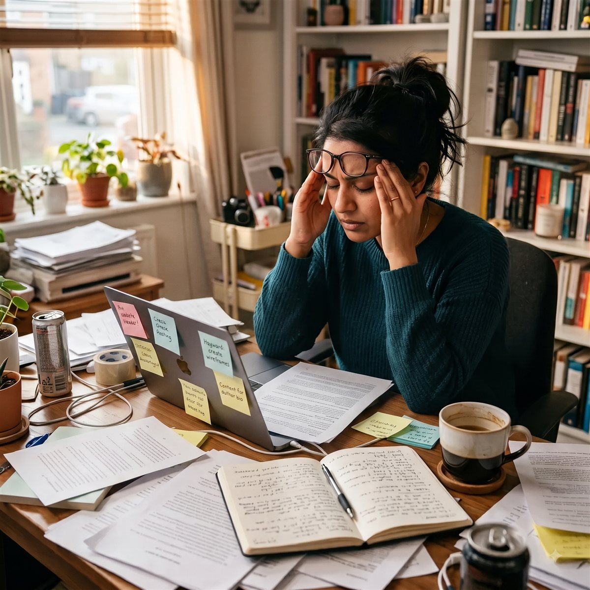 Frustrated indie author overwhelmed by technology — sitting at a cluttered desk with multiple browser tabs open, looking stressed