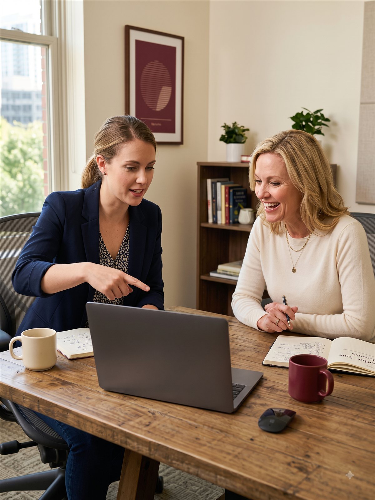 MIAS designer working collaboratively with an author client, reviewing a custom website design on a laptop in a warm, modern office