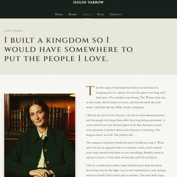 Isolde Varrow fantasy template about page