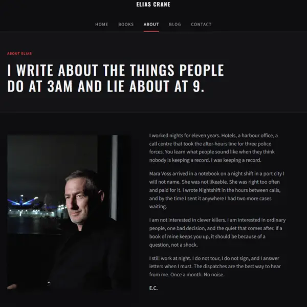 Elias Crane thriller template about page